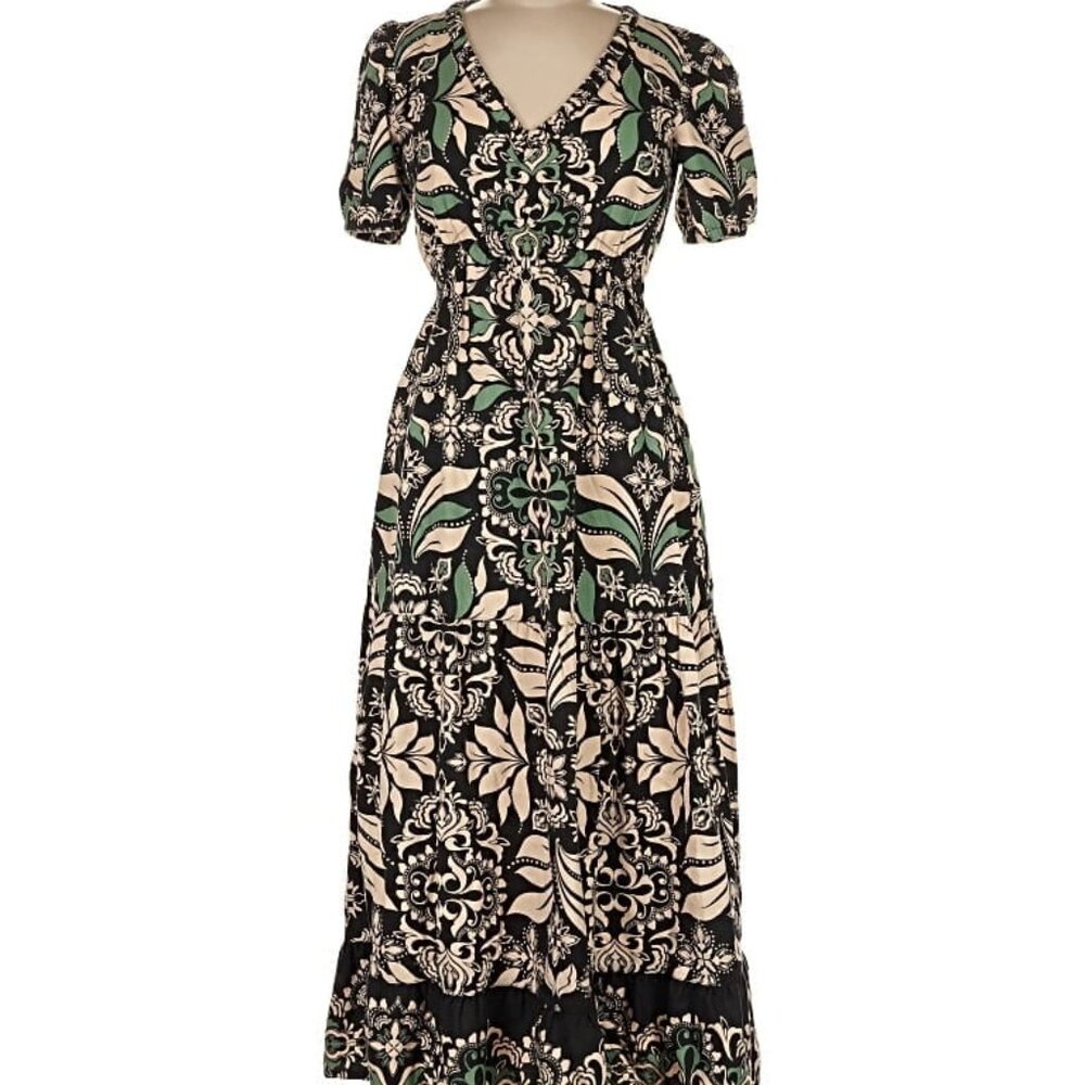 Fat Face sz 6 Floral Patterned short sleeve v-neck Maxi Dress boho paisley green